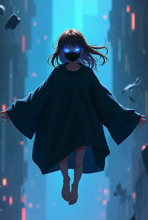 Boy floating with black oversized sweater with long hair brown skin with black mask with blue led eyes anime version