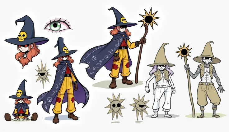 
1. **sombrero**: A tall, pointed wizard hat, Dark blue with a black band around it. On the front of the hat, There is a stylized yellow skull with glowing red eyes.

2. **layer**: He wears a long dark blue cape, decorated with arcane symbols in white. The...