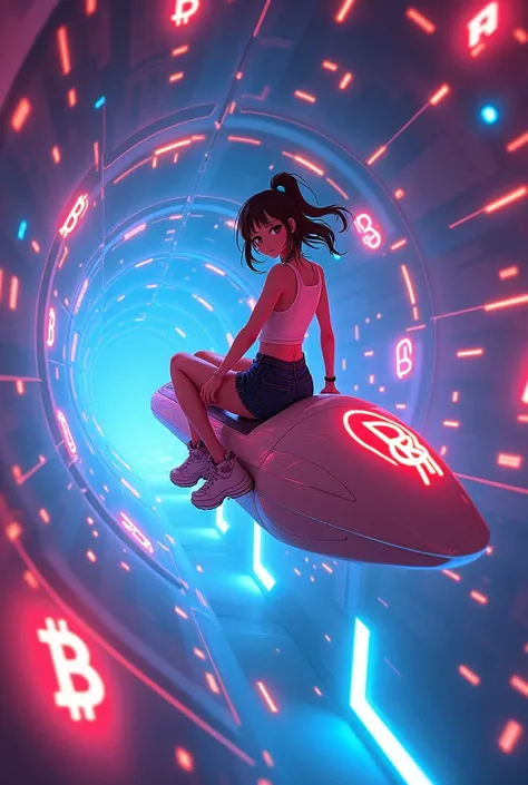 Japanese anime style,Term Machine,Woman riding on a flying carpet,Cryptocurrencyのトンネルを飛んでいる,Neon lit tunnel,Cryptocurrency,Bitcoin,Altcoins,Crypt,Traveling to the past,8k