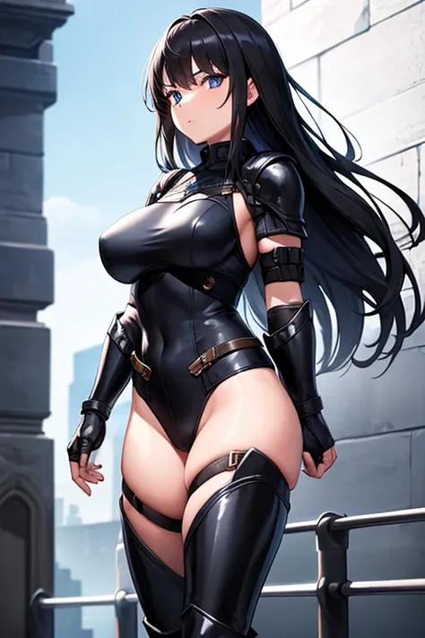 1girl, armor, black hair, boots, breasts, clenched hands, fingerless gloves, cowboy shot, gloves, high heel boots, high heels, highleg, leotard, long hair, looking at viewer, solo, standing, thighhighs