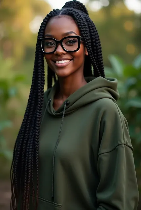 (photorealism:1.2), beautiful Kenyan woman,22 years, beautiful green eyes,sharp boobs,smiling,wearing a fitting hoodie,long braids, black oversized glasses, standing , realistic details, nature shot.cardi b inspiration