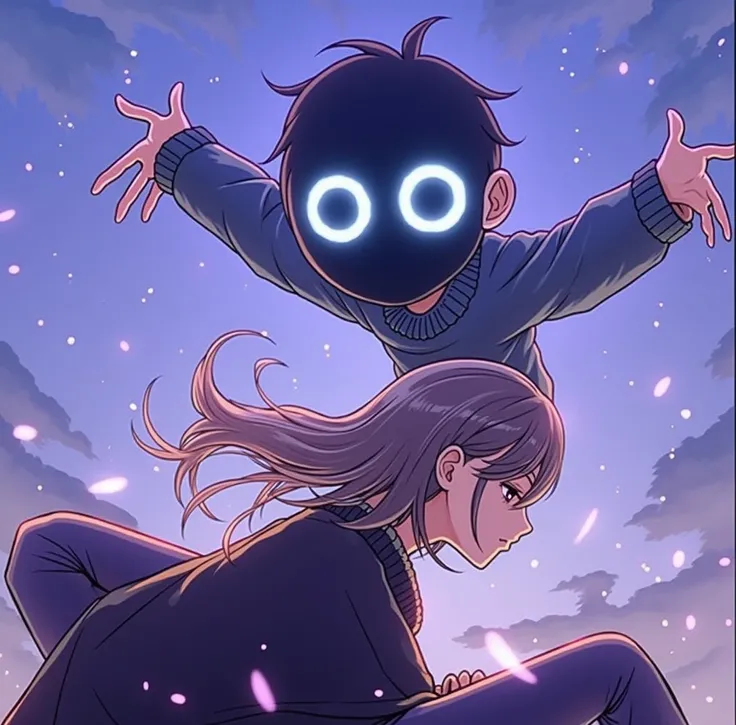 Boy floating with black oversized sweater with long hair brown skin with black mask with blue led eyes anime version
