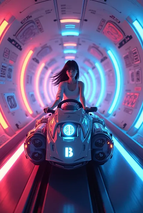 Japanese anime style,A woman riding a term machine,Cryptocurrencyのトンネルを飛んでいる,Neon lit tunnel,Cryptocurrency,Bitcoin,Altcoins,Crypt,Traveling to the past,8k