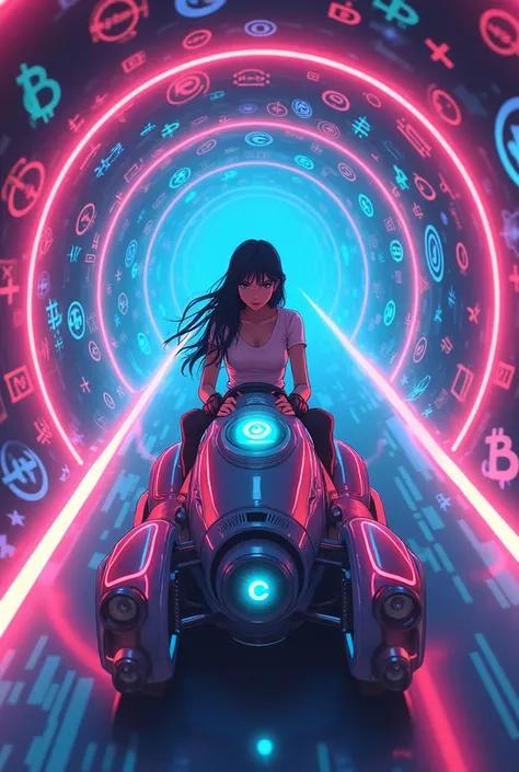 Japanese anime style,A woman riding a term machine,Cryptocurrencyのトンネルを飛んでいる,Neon lit tunnel,Cryptocurrency,Bitcoin,Altcoins,Crypt,Traveling to the past,8k