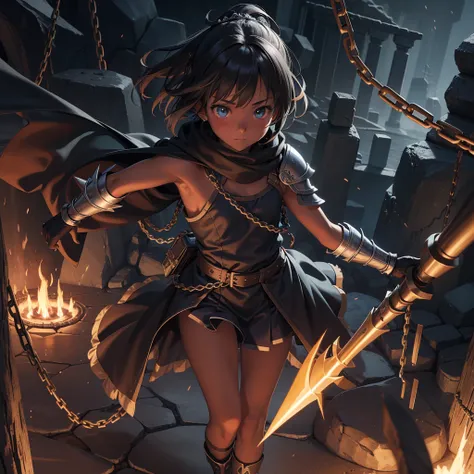 最high quality、high quality、Simple Cloth Armor、１０Year-old girl adventurer、Equipped with a weapon that has a short chain at the end of a stick and a spiked iron ball at the end of the chain、In a dark maze