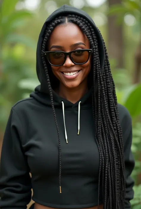 (photorealism:1.2), beautiful Kenyan woman,22 years, beautiful green eyes,sharp boobs,smiling,wearing a fitting hoodie,long braids, black oversized glasses with brown lenses, standing , realistic details, nature shot.cardi b inspiration