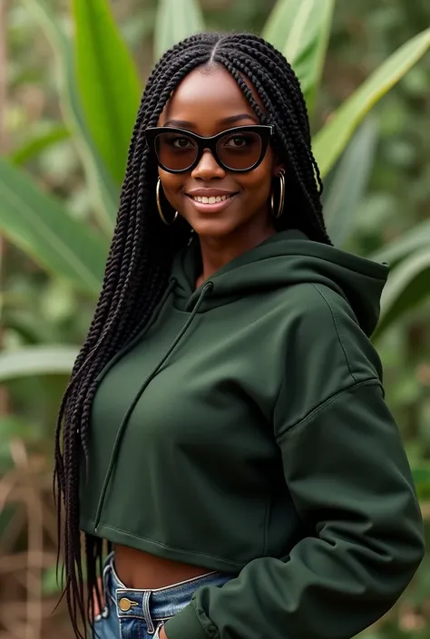 (photorealism:1.2), beautiful Kenyan woman,22 years, beautiful green eyes,sharp boobs,smiling,wearing a fitting hoodie,long braids, black oversized glasses with brown lenses, standing , realistic details, nature shot.cardi b inspiration