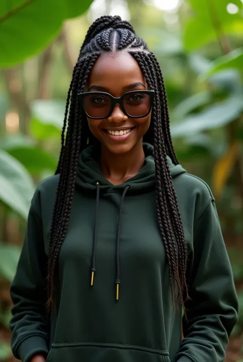 (photorealism:1.2), beautiful Kenyan woman,22 years, beautiful green eyes,sharp boobs,smiling,wearing a fitting hoodie,long braids, black oversized glasses with brown lenses, standing , realistic details, nature shot.cardi b inspiration