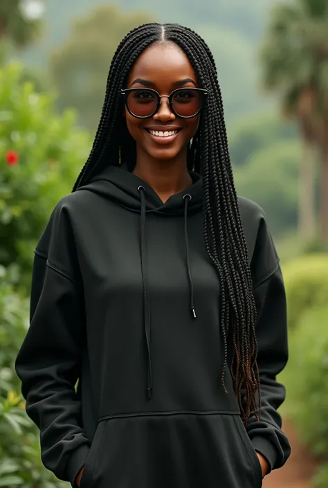 (photorealism:1.2), beautiful Kenyan woman,22 years, beautiful green eyes,sharp boobs,smiling,wearing a fitting hoodie,long braids, black oversized glasses with brown lenses, standing , realistic details, nature shot.cardi b inspiration