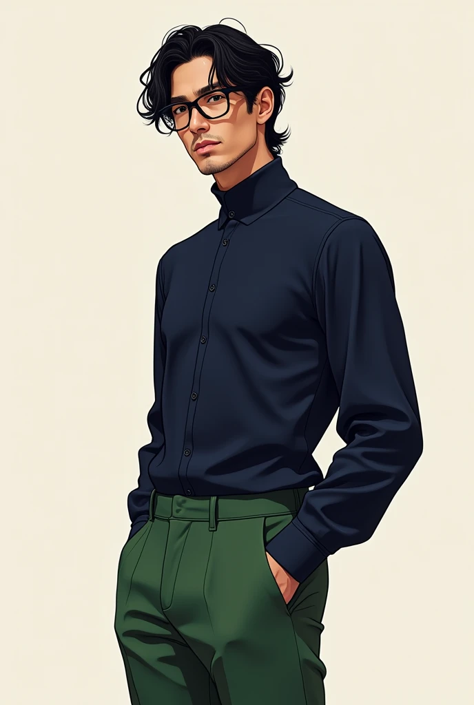 man, wavy black hair, Brown eyes, with glasses, high, dark blue shirt, green pants, with black shoes 