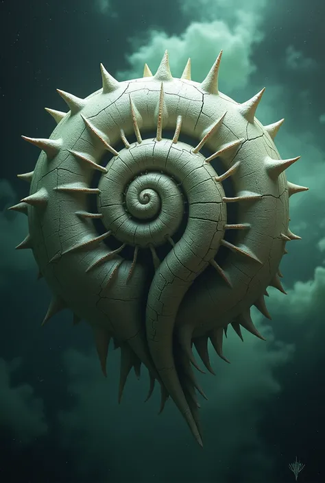 A shell with cracks and spikes and spiral teeth in the middle of the galaxy floating with a greenish purple ectoplasm coming out of the shell