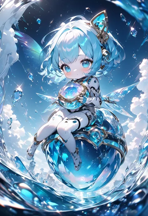 conceptual installation fantasy art, cute chibi animal-based android cyborg trapped in a falling ice drop, background iridescent...