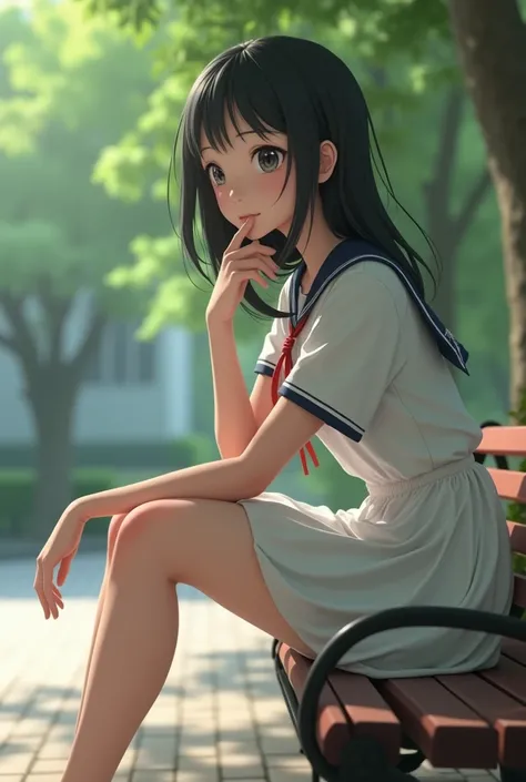 A Japanese girl sitting on a bench in the schoolyard with her legs in an M-shape、She is wearing a small, stylish, thin, white Japanese sailor uniform.、High resolution, masterpiece, Accurate, Anatomically correct, 最高quality, Attention to detail, High resolu...