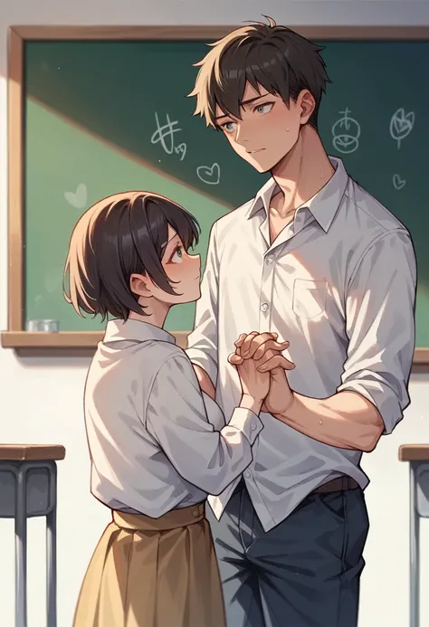 anime, boy and girl holding hands infront of blackboard