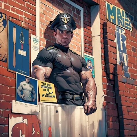 32k, high quality , detailed face , detailed hands , detailed muscles , (((stephen amell as a marine officer))) posing ,standing with spread legs, showing his muscles and bulge , ((background brick wall with lot of marine posters ))