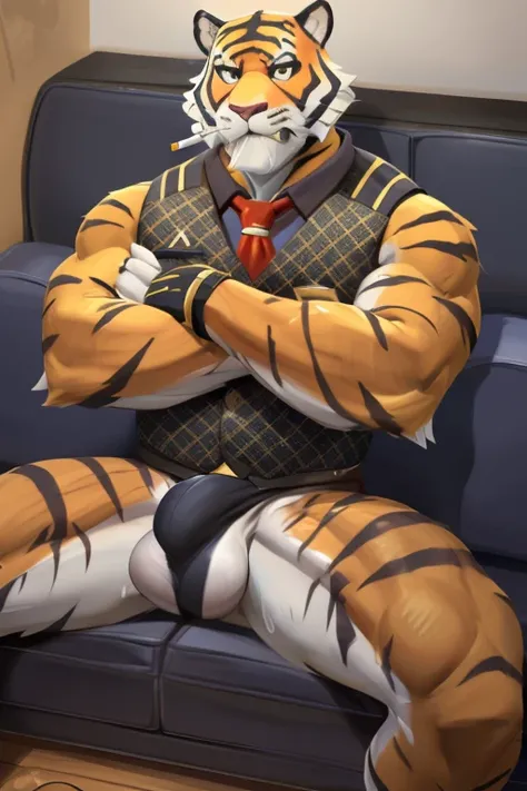 tiger-like man, ((Oscar_fortnite)), man dressed in business clothes, charming, with a cigarette in his mouth, with a big shiny bulge posing sitting on the couch with the angle of view of the bulge, scene in a large room, modern room with stairs at the bott...