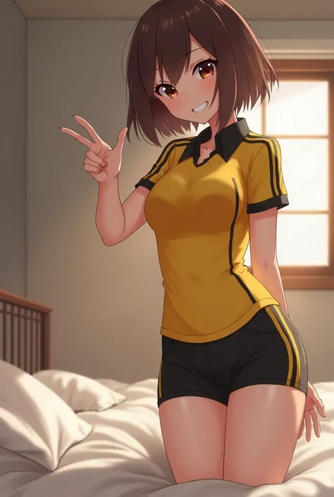 A girl with almost short brown hair wears a short-sleeved yellow uniform shirt with black stripes on the shoulders and short black shorts with yellow stripes on the sides and made of synthetic material that fits her nice and tight.. She throws herself on t...