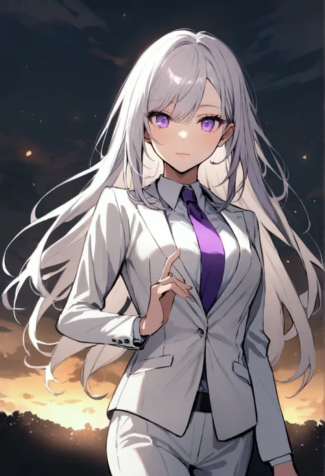 silver hair, Slightly long hair, purple eyes, reply, White suit