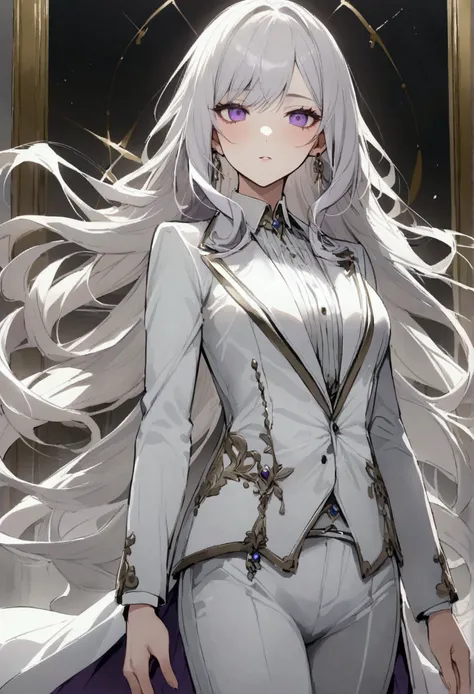 silver hair, Slightly long hair, purple eyes, reply, White suit