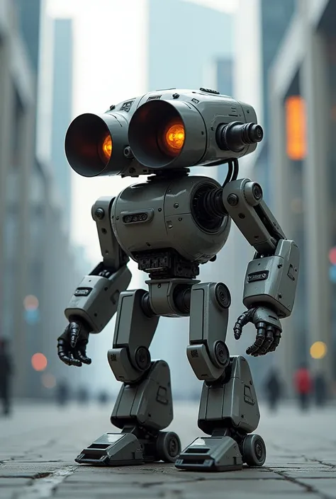 Small robot with camera lenses and sound horns on the shoulders and weapons 