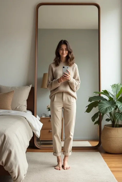 A young woman in her twenties, Caucasian with slightly wavy, shoulder-length brown hair, stands in her modern bedroom. She wears a beige knit sweater with a round neck and beige chinos rolled up just above the ankles, revealing her bare feet placed delicat...