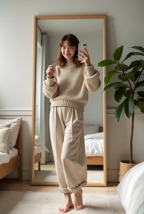 A young woman in her twenties, Caucasian with slightly wavy, shoulder-length brown hair, stands in her modern bedroom. She wears a beige knit sweater with a round neck and beige chinos rolled up just above the ankles, revealing her bare feet placed delicat...