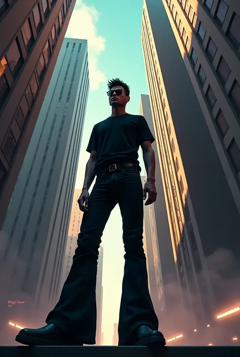 A man seeing in window in black shirt and black sunglasses and bell bottom pant standing between sky scrapers 