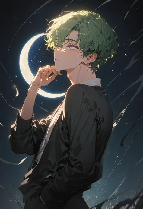 1 male,white shirts, black jacket, black pants,green hair,short hair, curly hair,from side, looking above, blue eyes,narrow eye, grow starry sky,cresent moon,at night,cold light, blue tone,masterpiece,best quality, ultra detail, beautiful eyes,perfect hand...