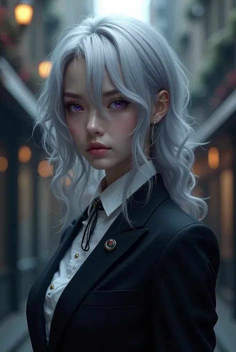 silver hair, Slightly long hair, purple eyes, reply, suit