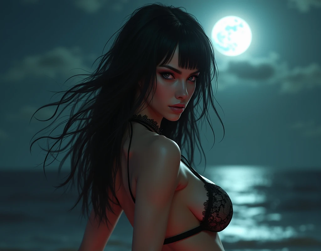 A hyper-realistic version of Morrigan Aensland, wearing a seductive bikini, one side of the bra sagging revealing a breast, with the full moon in the background illuminating her curves