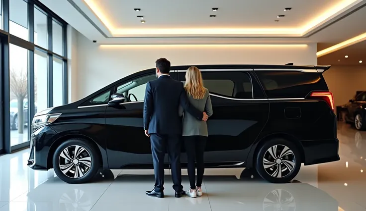 A married couple stands with their backs to the camera next to a black luxury Voyah Dream minivan in a car showroom, full body