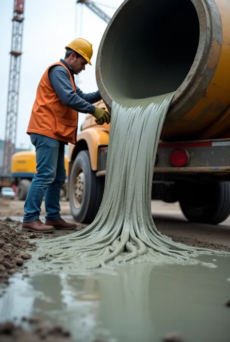 A zoom in shot of man pouring concrete into his construction site, from a large container truck.