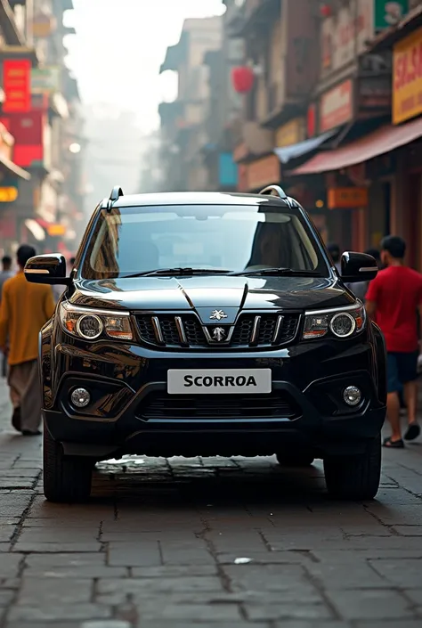 A black mahindra Scorpio car parked on an indian street and each and everyone looking at the car 