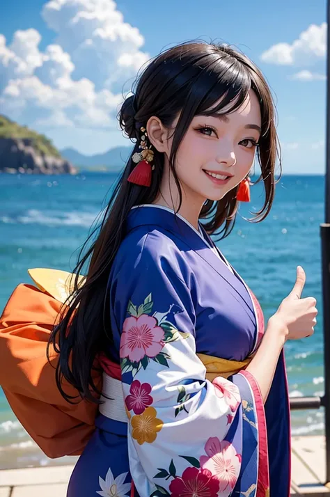 Bust-up of a beautiful woman in a kimono showing a bright smile and thumbs up under a blue sky