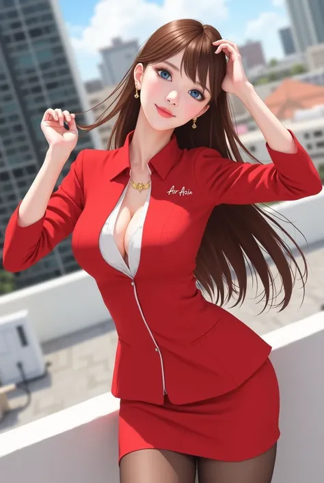 (Highest quality, masterpiece:1.2), (Realistic, photo Realistic:1.4),（AirAsia stewardess uniform realistic style）, A proper woman, Beautiful Face, Brown Hair, (Long hair down to the legs), (Red jacket, Unzipped jacket, Unbuttoned white shirt, Red mini skir...