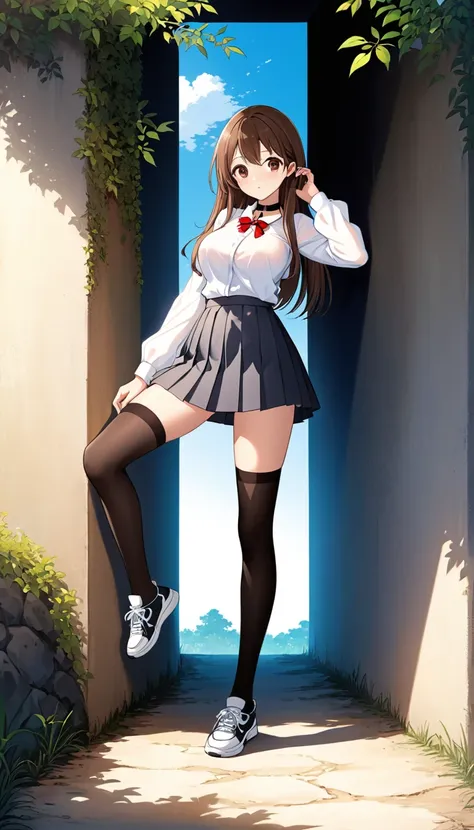 {
  "character": "Beautiful anime schoolgirl, 1, with long straight brown hair, large brown eyes, fair skin, and a very slim body with  breasts and long legs.",
  "pose": "Standing slightly inclined to the right, her right hand gently touching her hair whi...