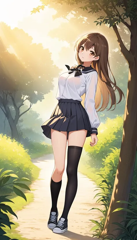 {
  "character": "Beautiful anime schoolgirl, 1, with long straight brown hair, large brown eyes, fair skin, and a very slim body with  breasts and long legs.",
  "pose": "Standing slightly inclined to the right, her right hand gently touching her hair whi...