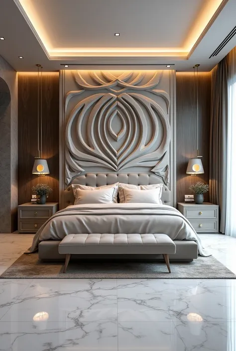 A modern bedroom design
A little heavy looking design
Bed backboard should have a design 
More creative and unique
The floor should have a white marble and it should match the room design
Backboard should be unique and high
More attractive 