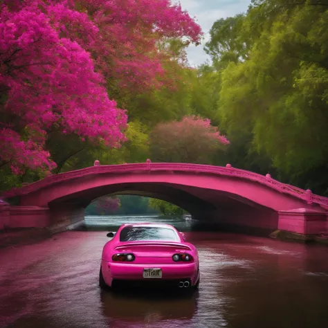 A supra parked on a pink blosm river side bridge on the right side 