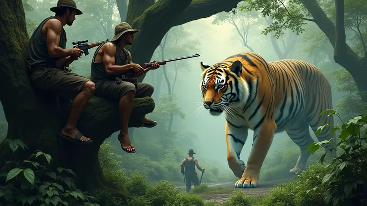 ​ Two Indonesian hunters with guns stand in a tree staring under the mail, an Indonesian man in the shape of a tiger stands under a tree​ 8k  