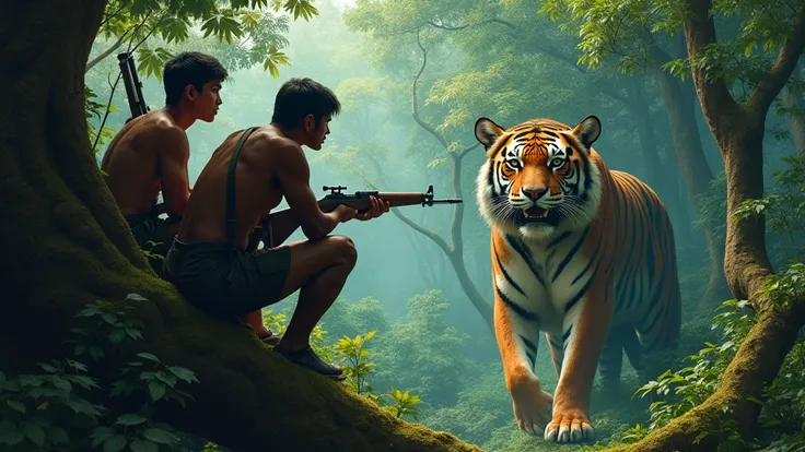 ​ Two Indonesian hunters with guns stand in a tree staring under the mail, an Indonesian man in the shape of a tiger stands under a tree​ 8k  