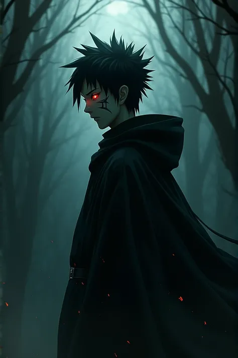 Naruto is standing  looking and give a very dark , gorgeous vibes , style vibe