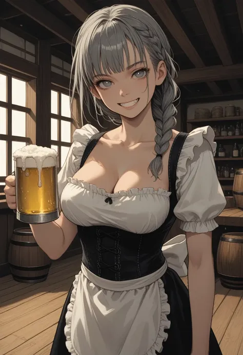 score_9, score_8_up, score_7_up, score_6_up, rating_explicit, source_anime, 1girl, breasts, smile, mug, solo, braid, large_breasts, cleavage, holding, indoors, looking_at_viewer, holding_cup, cup, beer_mug, long_hair, apron, grey_hair, collarbone, grin, fr...