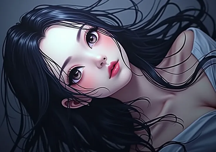 1 Asian girl, 15year old, long black hair, striking and extraordinary look, unique beauty, small and round nose, thick and pink mouth, big eyelashes, curved and beautiful, skin fair, pint in the nose, on the cheek and chin near the mouth, PICTURE REALISTIC...