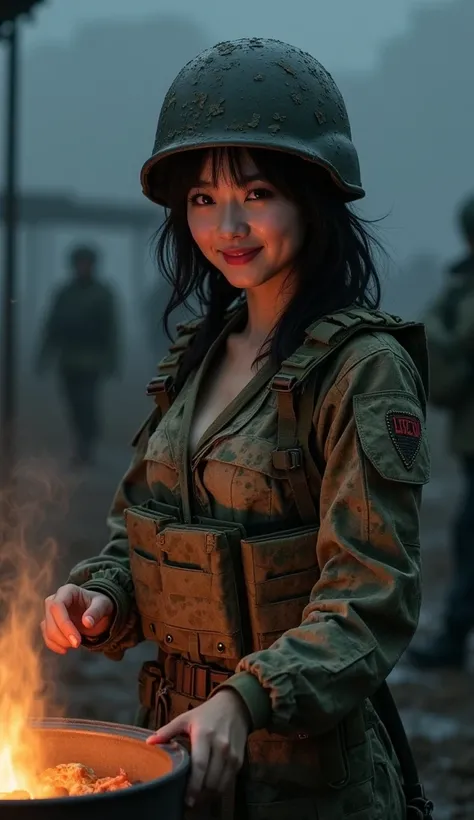 Photo-realistic, ultra-realistic, (very beautiful Japanese, famous Japanese idol:1.3), (Fully equipped for battle:1.5), (smile), (wearing an army soldiers Camouflage outfits with military helmet:1.5), (cooking with a large pot at a military camp near the b...