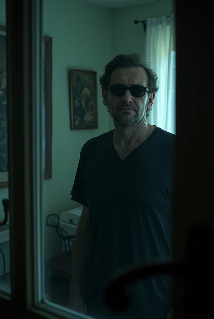 A man seeing in window in black shirt and black sunglasses standing in horror hunted room  half photo