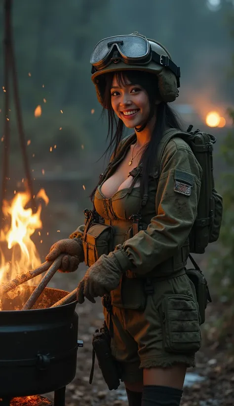 Photo-realistic, ultra-realistic, (very beautiful Japanese, famous Japanese idol:1.3), (Fully equipped for battle:1.5), (smile), (wearing an army soldiers Camouflage outfits with military helmet:1.5), (cooking with a large pot at a military camp near the b...