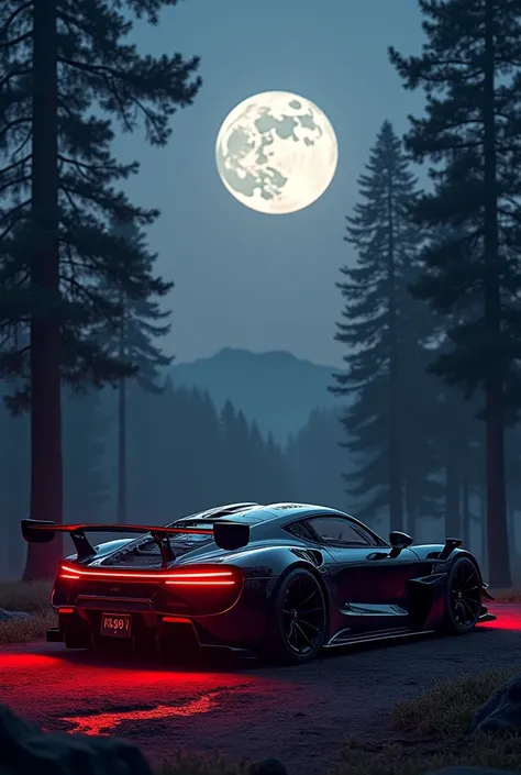 A GT 7 standing black colour , moon , trees , red light  