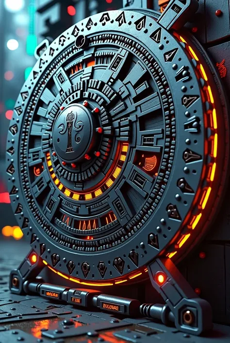 make a futuristic cyberpunk aztec calendar, following the elements found in the Aztec calendar, mechanic, ultra technological, detailed, 4k, High Definition, how to photograph, in 2D design, seen from the front