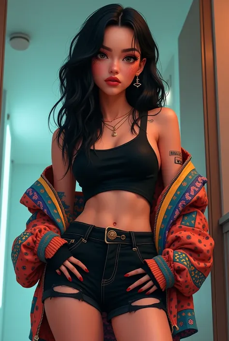 A stylized female character with, wavy black hair and bold makeup, including prominent eyebrows and freckles. She wears a cropped black top under a colorful, oversized jacket with patterns, paired with distressed black jeans featuring rips and a unique cut...